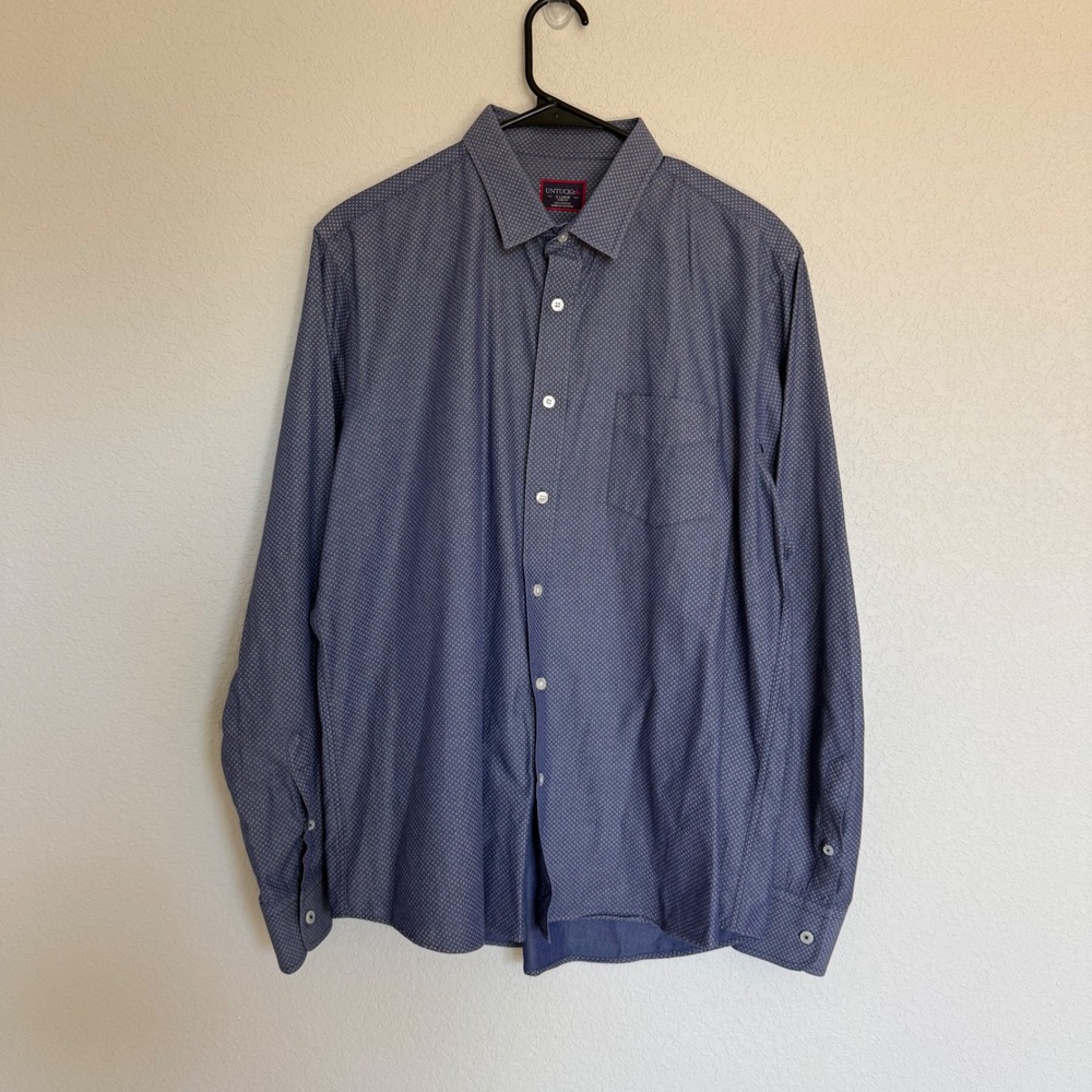 UNTUCKit Mens XL Slim Fit Blue Dot Print Cotton Button Down Shirt Long Sleeve